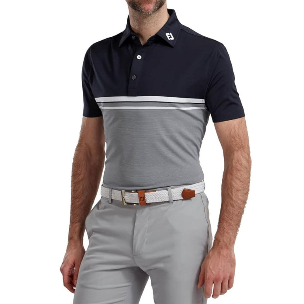FootJoy Stretch Pique Color Blocked Polo Neck Gry/Wht/Nvy Golf T-Shirt 90371