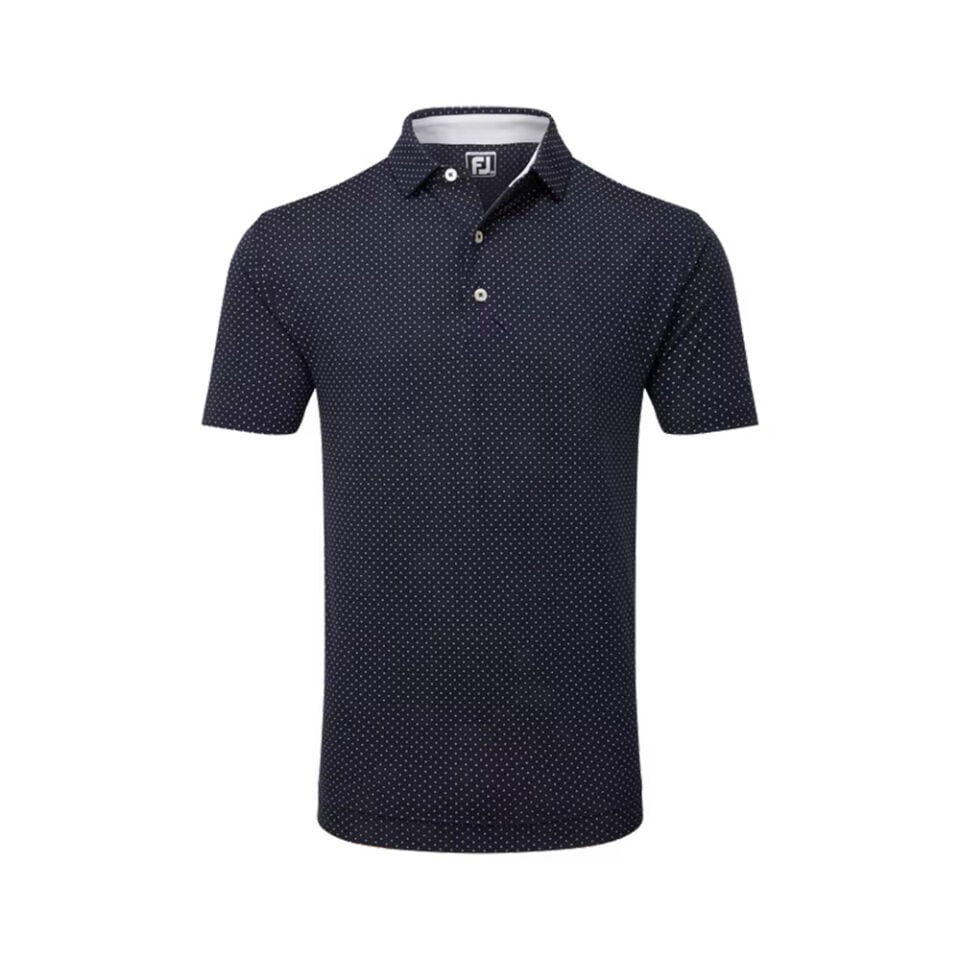 FootJoy Stretch Lisle Dot Print Polo Neck Navy Blue Golf T-Shirt 81675