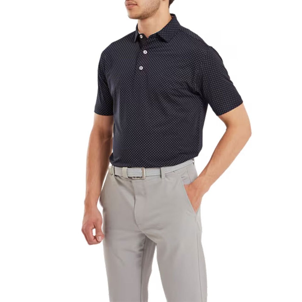 FootJoy Stretch Lisle Nokta Baskı Polo Yaka Lacivert Golf T-Shirt 81675 S Small